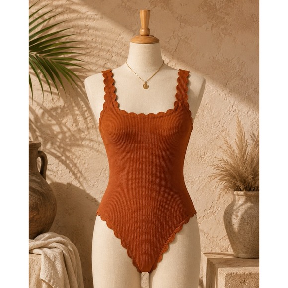 aerie Other - Aerie Scalloped One Piece Swimsuit Rust Textured Beachy Resort Boho Sz S Long
